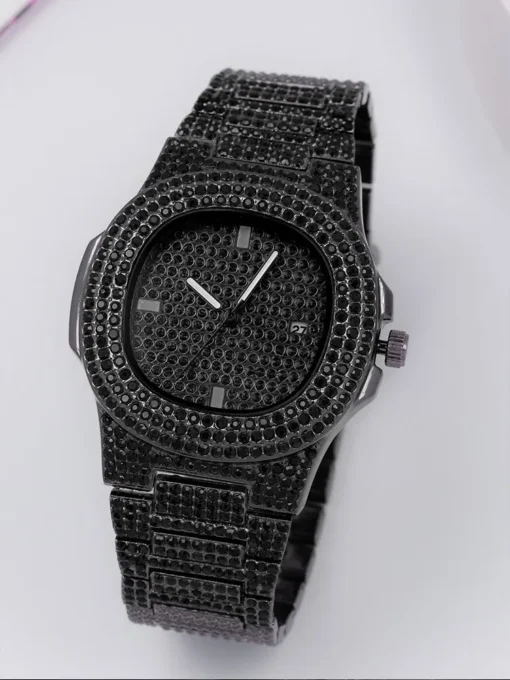 1pcs Fashion Business Calendar Men's Full Diamond Black Steel Band Quartz Watch - Image 5