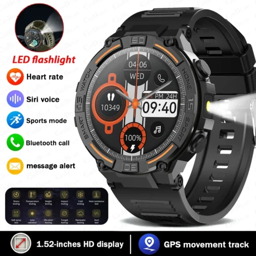 Smartwatch Military Men 360*360 HD Screen Flashlight Health Monitoring Waterproof Heart Rate BT Call Smart Watch For Android IOS - Image 5