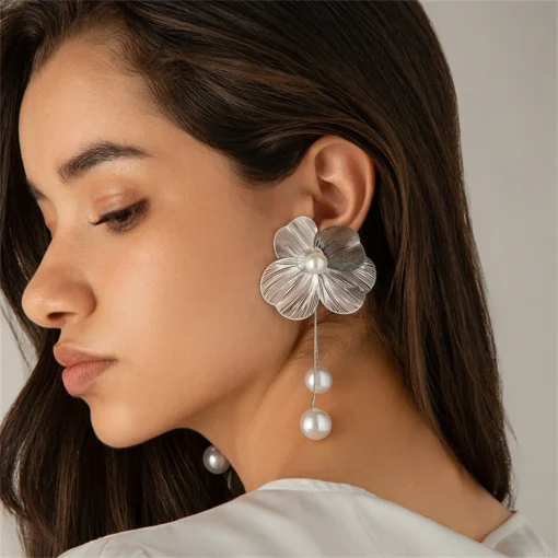 Fashion Large Flower Earring with Pearl Pendant Korean Design Stud Earrings for Women Girls Metal Jewelry Accessories Party Gift - Image 6