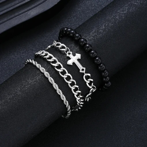 4 Pcs Stainless Steel Bracelet Set For Men Women Punk Fashion Cross Beads Chain Bracelets Simple Hip Hop Unisex Jewelry Gift New - Image 3