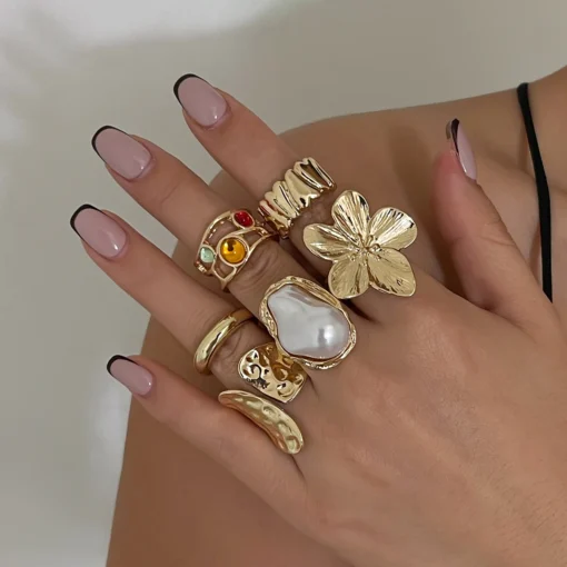 Ingemark 2025 New Irregular Exaggerated Metal Flower Open Rings Women Elegant Baroque Imitation Pearl Ring Jewelry Accessories - Image 7