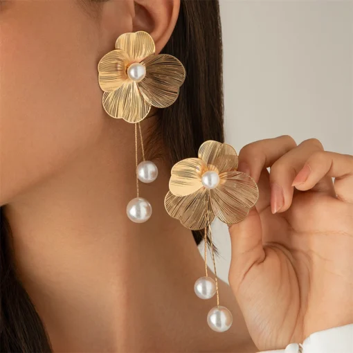Fashion Large Flower Earring with Pearl Pendant Korean Design Stud Earrings for Women Girls Metal Jewelry Accessories Party Gift - Image 7