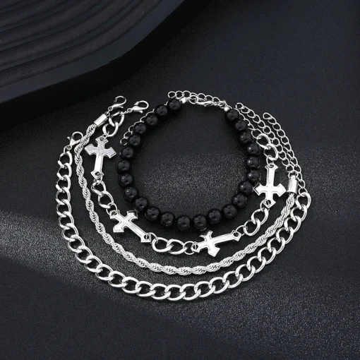4 Pcs Stainless Steel Bracelet Set For Men Women Punk Fashion Cross Beads Chain Bracelets Simple Hip Hop Unisex Jewelry Gift New - Image 2