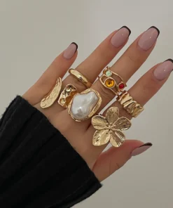 Ingemark 2025 New Irregular Exaggerated Metal Flower Open Rings Women Elegant Baroque Imitation Pearl Ring Jewelry Accessories