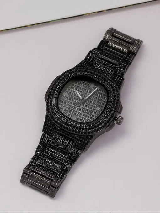 1pcs Fashion Business Calendar Men's Full Diamond Black Steel Band Quartz Watch - Image 2