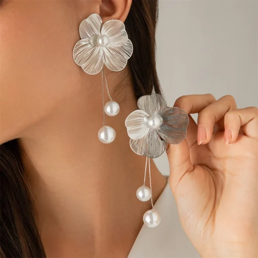 Fashion Large Flower Earring with Pearl Pendant Korean Design Stud Earrings for Women Girls Metal Jewelry Accessories Party Gift - Image 2