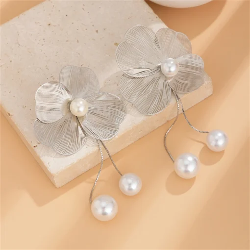 Fashion Large Flower Earring with Pearl Pendant Korean Design Stud Earrings for Women Girls Metal Jewelry Accessories Party Gift - Image 4