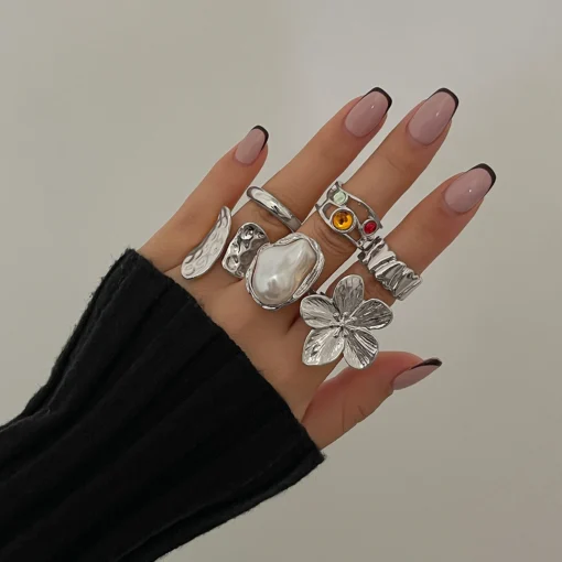 Ingemark 2025 New Irregular Exaggerated Metal Flower Open Rings Women Elegant Baroque Imitation Pearl Ring Jewelry Accessories - Image 6