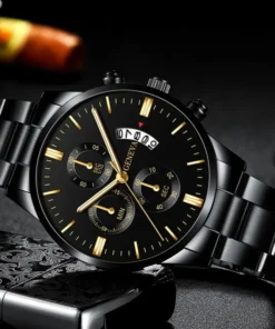 Fashion Men Black Stainless Steel Watch Luxury Calendar Quartz Wrist Watch Mens Business Watches for Man Clock Relogio Masculino