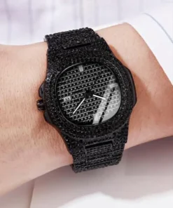 1pcs Fashion Business Calendar Men's Full Diamond Black Steel Band Quartz Watch