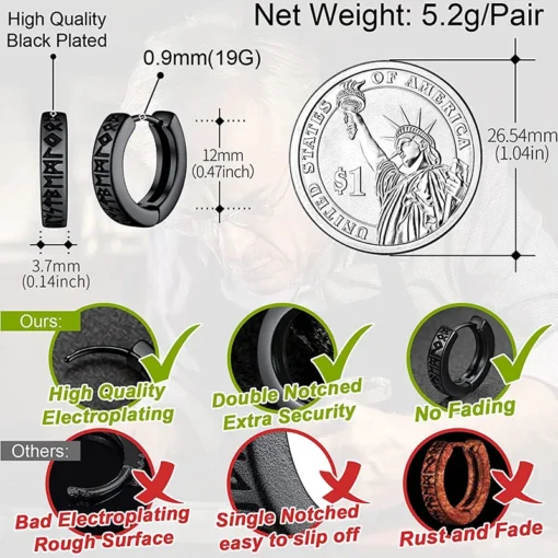 Stainless Steel Norwegian Viking Rune Hoop Earrings For Men Woman Unisex 12 Mm Huggie Hoop Religious Earring Jewelry - Image 2