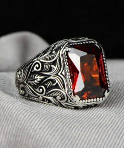 Vintage Handmade Turkish Signet Ring For Men Women Ancient Silver Color Carved Ring Red Yellow Zircon Inlay Punk Motor Biker