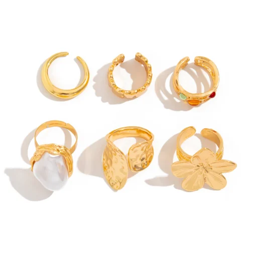Ingemark 2025 New Irregular Exaggerated Metal Flower Open Rings Women Elegant Baroque Imitation Pearl Ring Jewelry Accessories - Image 3