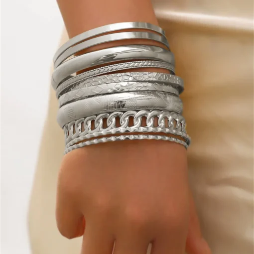 10pcs/set Metal Bangles Set For Women Heavy Punk New Styles Hiphop Textured Fashion Bracelets Jewelry Accessories - Image 6