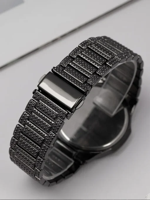 1pcs Fashion Business Calendar Men's Full Diamond Black Steel Band Quartz Watch - Image 3