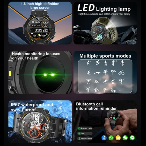 Smartwatch Military Men 360*360 HD Screen Flashlight Health Monitoring Waterproof Heart Rate BT Call Smart Watch For Android IOS - Image 7