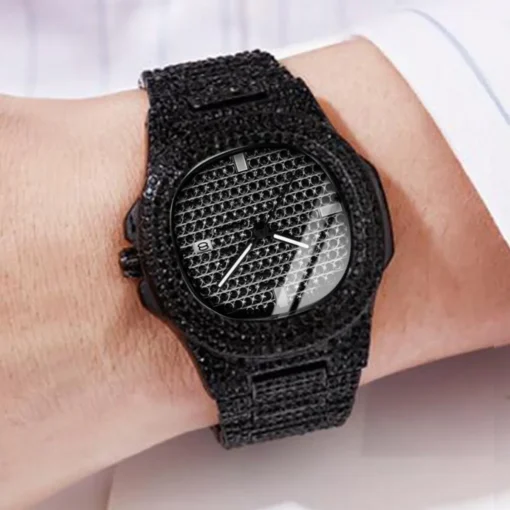 1pcs Fashion Business Calendar Men's Full Diamond Black Steel Band Quartz Watch - Image 6