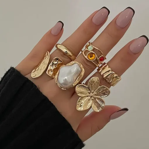 Ingemark 2025 New Irregular Exaggerated Metal Flower Open Rings Women Elegant Baroque Imitation Pearl Ring Jewelry Accessories - Image 2