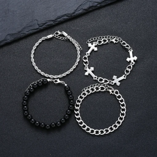 4 Pcs Stainless Steel Bracelet Set For Men Women Punk Fashion Cross Beads Chain Bracelets Simple Hip Hop Unisex Jewelry Gift New - Image 6