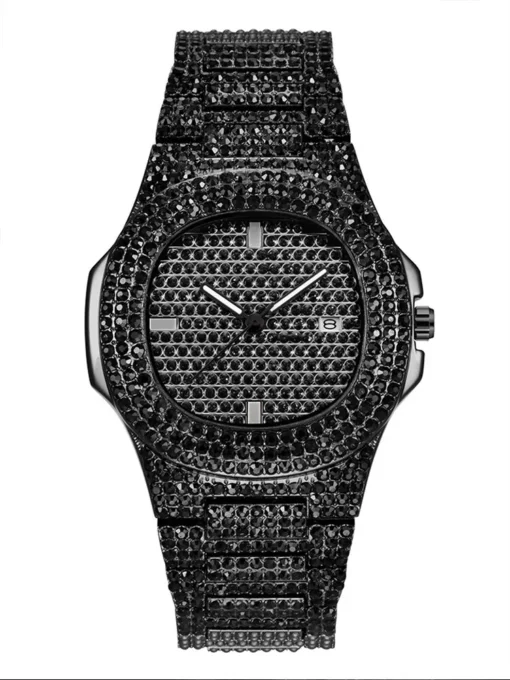 1pcs Fashion Business Calendar Men's Full Diamond Black Steel Band Quartz Watch - Image 4
