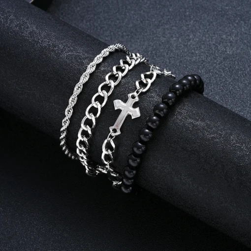 4 Pcs Stainless Steel Bracelet Set For Men Women Punk Fashion Cross Beads Chain Bracelets Simple Hip Hop Unisex Jewelry Gift New - Image 4